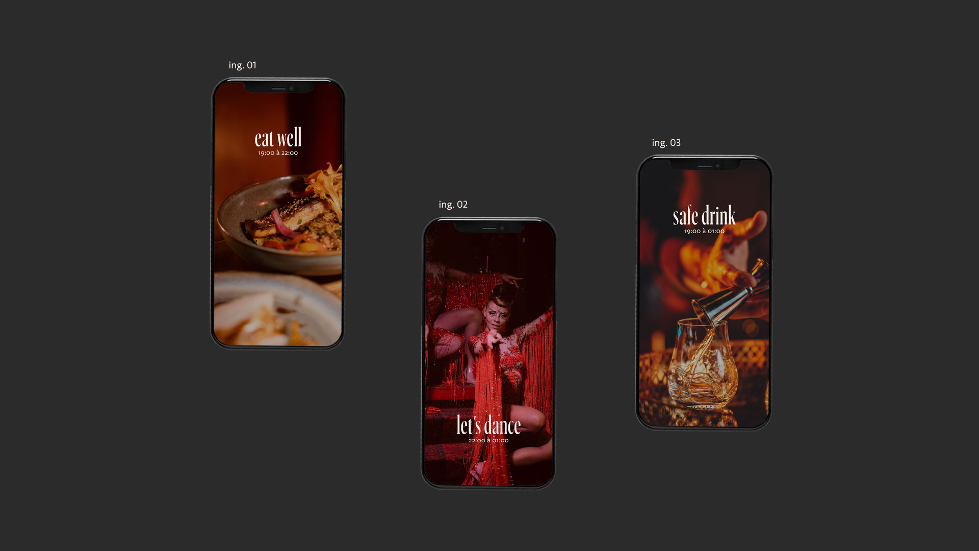 Templates Instagram du projet Les Mômes, un restaurant et bar festif situé à Montpellier.