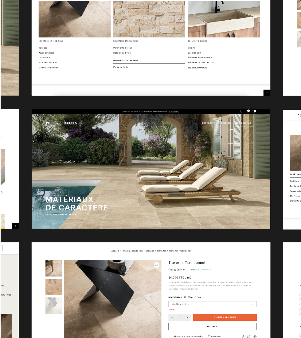 Maquette du site internet e-commerce du projet Pierres et Briques, une entreprise de vente de matériaux de caractère.